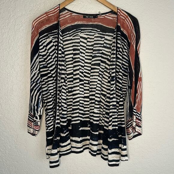 NIC+ZOE Blue White Stripe Linen Sweater Cardigan Artsy Coastal Nautical Preppy - Picture 1 of 6